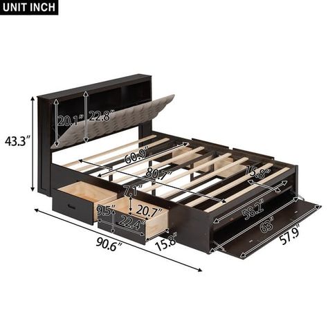 Queen Size Platform Bed with Upholstered Storage Headboard, Shoe Rack and 4 Drawers, Modern Solid Wood Storage Bed Frame - On Sale - Bed Bath & Beyond - 40260595 Espresso Bed, Bed With Storage Headboard, Storage Bed Queen, Box Bed Design, Cal King Bedding, Storage Headboard, Wooden Platform Bed, Queen Size Platform Bed, Bed Design Modern