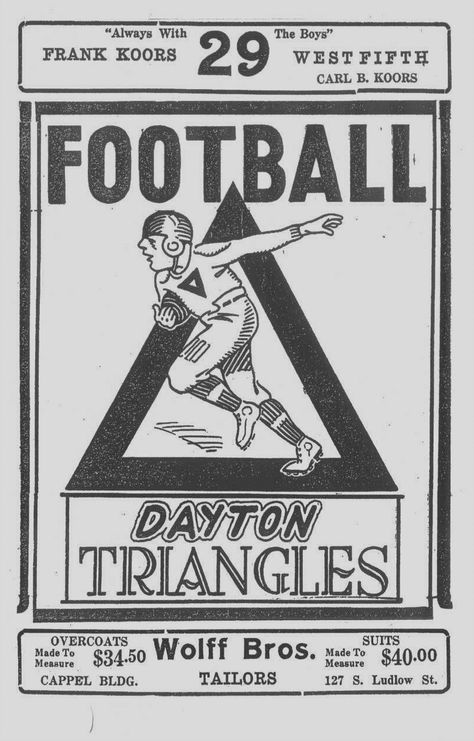 The 1920 Dayton Triangles season was the franchise's inaugural season in the American Professional Football Association (AFPA)—later named the National Football League. Description from snipview.com. I searched for this on bing.com/images Retro Football Design, Vintage College Football Posters, Football Commitment Graphics, Retro Graphic Print T-shirt For Football Season, Football Stats Graphic, Texas Longhorns Logo, Filler Photos, Logo C, Vintage Logos