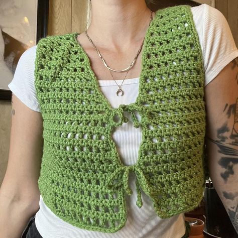 Green mesh crochet mini vest with two ties in the... - Depop Crochet Vest Green, Crochet Open Vest, Crochet Mesh Vest, Boho Crochet Top, Butterfly Crop Top, Crochet Bohemian, Retro Crochet, Vest Y2k, Mesh Crochet