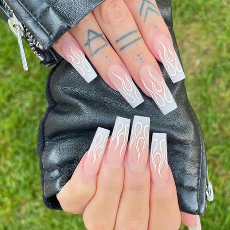 Long Almond Design Nails, Cute Nail Sets Simple, Ombre Nails With Flames, Simple Cool Nail Designs, Loud Nail Designs, Long French Nail Designs, Crazy French Tip Nails, Arycrilc Nails Design, Gel Nails Ideas Coffin