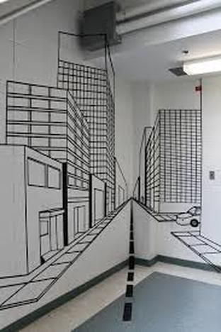 Perspective tape murals Tape Mural Wall Art, Tape Mural, Tape Wall Art, Art Education Projects, Tape Wall, High School Art Projects, Tape Projects, One Point Perspective, School Murals