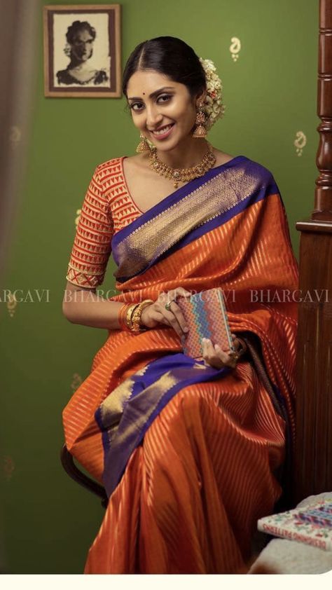 Orange Silk Saree, Phulkari Saree, Keep Me Stylish, Indian Ethnic Fashion, Traditional Silk Saree, Mysore Silk Saree, South Indian Sarees, Live Shop, Indian Saree Blouse