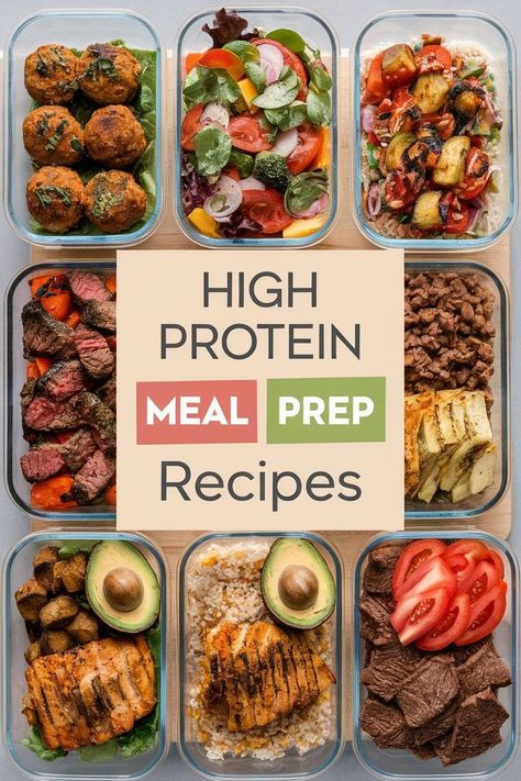 A collection of high protein meal prep recipes. There are six distinct meal containers, each containing a different dish. The dishes include meatballs with a side salad, a colorful salad with grilled vegetables, a dish with meat and rice, a stir-fry with beef and vegetables, a chicken dish with rice and vegetables, and a beef dish with a side of sliced tomatoes and avocado. Meal Prep Lunches High Protein, High Protein Meal Prep Recipes, Protein Meal Prep Recipes, Stir Fry Meal Prep, Burger In A Bowl, Burrito Bowl Meal Prep, Protein Meal Prep, High Protein Dishes, Food Meaning