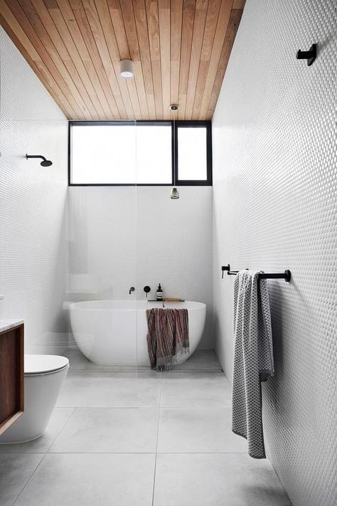 Luxury Bathroom Inspiration, Wooden Ceiling, Hallway Bathroom, Timber Panelling, Penny Round, Wet Room, Bad Inspiration, Rental House, Main Bathroom