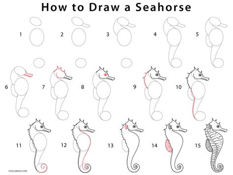 How to Draw a Seahorse (Step by Step Pictures) | Cool2bKids How To Paint A Seahorse, How To Draw A Seahorse Step By Step, Sea Horse Drawing Simple, How To Draw Sea Creatures Step By Step, Seahorse Line Drawing, Seahorses Drawings, Simple Sea Animal Drawing, How To Draw A Seahorse, How To Draw Ocean Animals