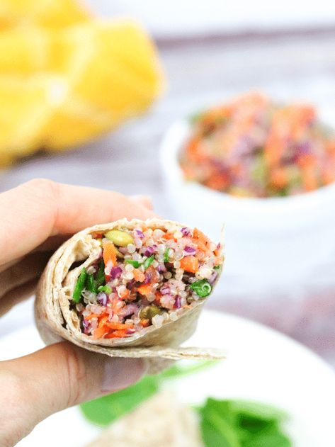 Sweet ad savory all at once this quinoa wrap is packed with plant-based protein and makes for a tasty meal prep recipe! @fitasamamabear Wrap Meal Prep, Quinoa Wrap Recipes, Sweet Italian Dressing, Tasty Meal Prep, Healthy Lunch Wraps, Quinoa Wrap, Wraps Recipes Healthy, Veggie Wrap, Easy Quinoa