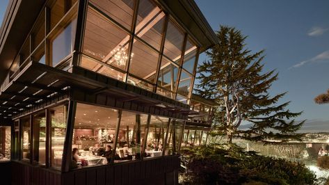 Canlis, a luxe restaurant in Seattle, not only has an unforgettable menu but a storied history and sublime building Aesthetic Locations, Glass Entrance Doors, Restaurant Exterior Design, Seattle Restaurants, Lopez Island, Private Event Space, Restaurant Exterior, Barn Siding, Pacific Northwest Art