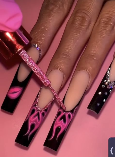 Nail Designs Long Square, Long Acrylic Nail, Acrylic Nails Pink, Pink Black Nails, Long Acrylic Nail Designs, Drip Nails, Dope Nail Designs, Long Acrylic Nails Coffin, Long Square Acrylic Nails