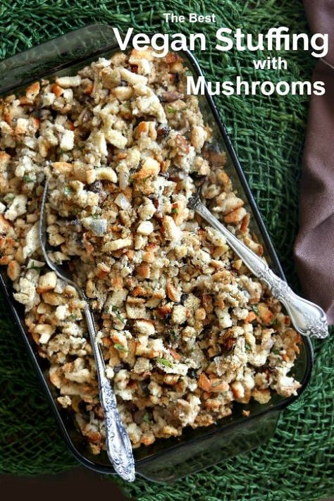 The Best Vegan Stuffing with Mushrooms features baby portobellos and it's all wrapped up in an easy casserole recipe. Rich flavors makes this a  perennial favorite and it shines as a side dish over the holidays especially on Thanksgiving. #sidedish #vegan #veganrecipes #veganfood #stuffing #Thanksgiving #vegandressing #vegetarian #dairyfree #veganinthefreezer Stuffing With Mushrooms, Best Vegan Stuffing, Vegan Thanksgiving Main Dish, Vegan Stuffing, Easy Casserole Recipe, Mushroom Stuffing, Stuffing Thanksgiving, Vegan Holiday Recipes, Stuffing Casserole