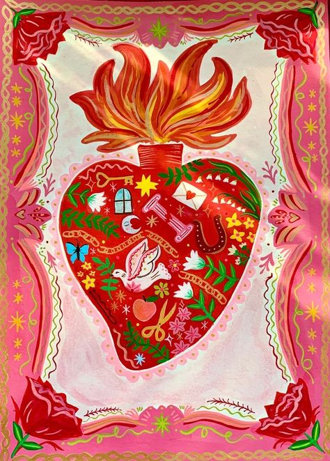 Millie Amber, Sacred Heart Art, Art Amour, Valentines Illustration, Mexican Culture Art, Heart Illustration, Heart Painting, Mexican Art, Mexican Folk Art