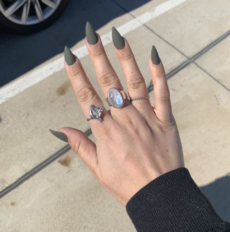 Matte Army Green Stiletto Nails Army Green Almond Nails, Green Stiletto Nails, Army Green Nails, Matte Green Nails, Stiletto Nail Designs, Red Stiletto Nails, Pinterest Predicts, Stiletto Nails Designs, Nail Stuff