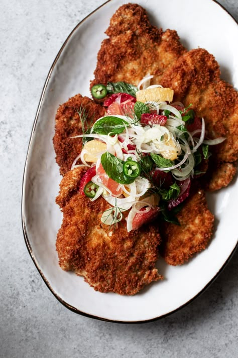 Crispy Pork Schnitzel, Pork Snitzel, Citrus Salad Recipes, Schnitzel Recipes, Pork Schnitzel, Citrus Salad, Filling Dinner, Pork Cutlets, Crispy Pork