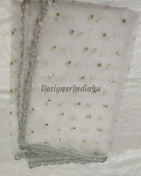 Indian Pakistani Designer White with Silver Lace Dupatta | Etsy Chunni Designs, Elegant Royal Dresses, Silver Dupatta, White Wedding Veil, Indian Dupatta, Couture Beading, Indian Scarf, Pearl Work, Lehenga Suit