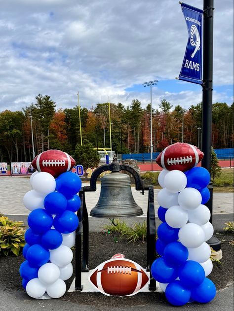 Homecoming decor, football, balloon columns, photo backdrop Football Banquet, Hoco 2024, Football Decor, Senior Football, Football Decorations, Balloon Columns, School Sports, Theme Ideas, Photo Backdrop