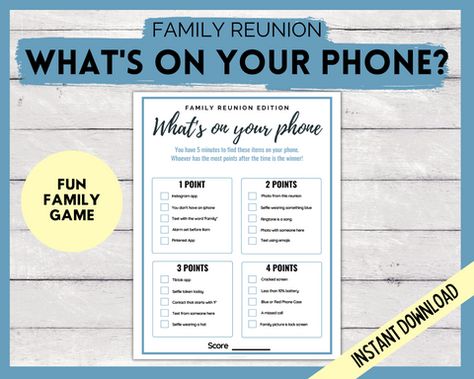 Printable Family Reunion Games | LittleHaloJ Reunion Games Family, What's On Your Phone Game, Fun Icebreaker Games, Fun Icebreakers, Reunion Party, Reunion Games, Games Family, Family Reunion Games, Reunion Ideas