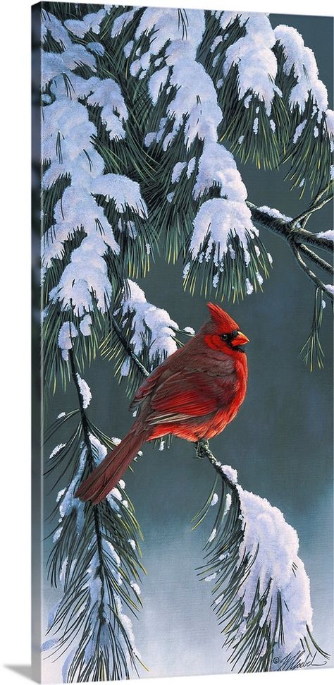 Stretched Canvas Print entitled Winter Light I.  Cardinal on a snowy branch.  Multiple sizes available.  Primary colors within this image include Navy Blue, Pink, Silver, Gray.  Made in the USA.  Satisfaction guaranteed.  Inks used are latex-based and designed to last.  Canvas is acid-free and 20 millimeters thick.  Canvases have a UVB protection built in to protect against fading and moisture and are designed to last for over 100 years. Miniature Canvas Paintings Christmas, Christmas Balls Painting, Christmas Acrylics, Cardinals Birds, Cardinal Birds Art, Winter Scene Paintings, Winters Tafereel, Cardinal Painting, Winter Ornaments