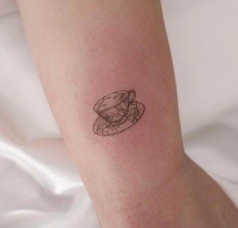 Mini Teacup Tattoo, Tea Cup Tattoo Small Vintage, Disney Teacup Tattoo, China Tea Cup Tattoo, Antique Tea Cup Tattoo, Tea Cup And Pot Tattoo, Minimalist Tea Cup Tattoo, Teapot Teacup Tattoo, Tiny Tea Cup Tattoo