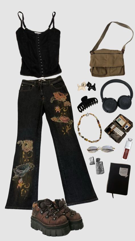 #grunge #coolgirl  #alternative #outfitinspo #outfit #outfits #outfitinspiration #outfitideas #styleinspo #style #fashioninspo #fashion #fitinspo #fit #fitcheck #fits #clothes #moodboards #y2kfashion 70s Grunge Outfits, 2000’s Outfits, 70s Grunge, Gothic Y2k, Outfits 70s, Witchy Fashion, Fits Clothes, Gothic Outfits, Hippie Outfits