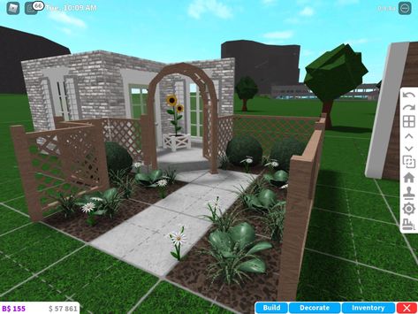 Blocksburg Front Yard Ideas, Aesthetic Front Yard Bloxburg, Roblox Bloxburg Front Porch Ideas, Bloxburg Front Garden Ideas, Bloxburg Front Garden, Front Yard Ideas Bloxburg, Bloxburg Garden Ideas Front Yard, Bloxburg Porch Ideas, Bloxburg Front Yard