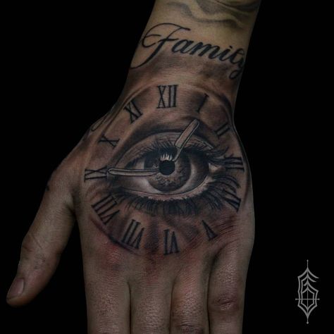 Eye in a Family clock Tattoo Eye With Clock Tattoo Design, Clock With Eye Tattoo Design, Family Clock Tattoo, Eye And Clock Tattoo, Hand Clock Tattoo, Eye Clock Tattoo, Time Clock Tattoo, Eye Tattoo Meaning, Realistic Eye Tattoo