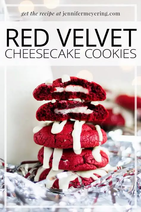 Red Velvet Cheesecake Cookies - Jennifer Meyering Red Velvet Cheesecake Cookies, Red Velvet Cheesecake Cupcakes, Beautiful Meals, Red Velvet Cake Mix Cookies, Red Velvet Cheesecake Cake, Velvet Recipes, Red Velvet Recipes, Cake Mix Desserts, Velvet Cookies