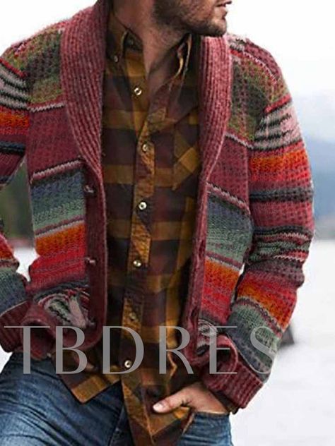 Color Block Button Standard Single-Breasted Men's Sweater Aztec Jacket, Block Button, Mens Cardigan Sweater, Outwear Coat, Stylish Sweaters, Mens Cardigan, Mens Winter Fashion, Vintage Casual, Casual Sweaters