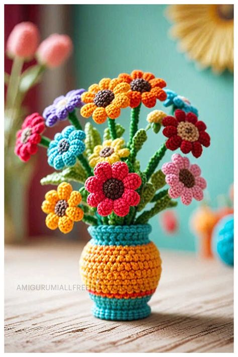 Amigurumi Flower Crocus Free Crochet Pattern - Free Crochet Patterns Amigurumi Flower Free Pattern, Crochet Plants Free Pattern, Free Crochet Flower Patterns, Crochet Vase, Crochet A Flower, Amigurumi Flower, Crochet Plants, Crochet Puff Flower, Crochet Garden