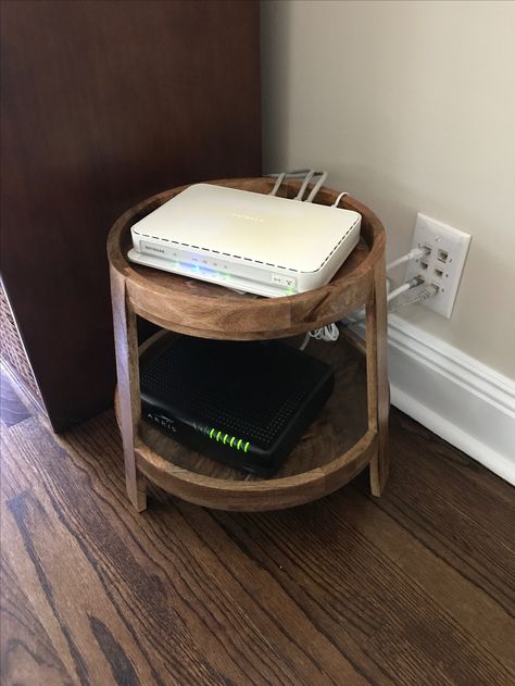 Modem/router tiered shelf-storage found at Pier 1 Modem Router Organization, Hidden Internet Router, Router Modem Storage, Hide Wifi Router Home Decor Floor, Wifi Box Storage, Wi-fi Box Storage, Internet Modem Hide, Tv Component Storage Ideas, Internet Router Shelf