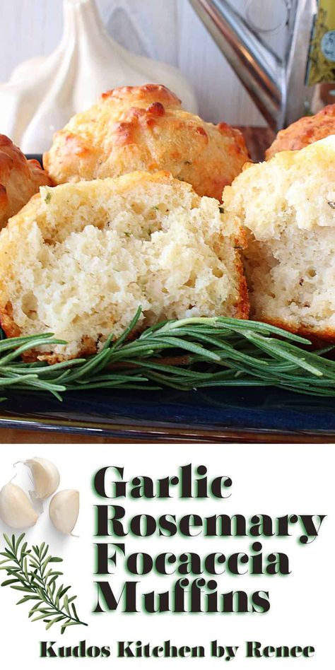 Who wouldn't love a tasty, light-as-air Garlic Rosemary Focaccia Muffin? These are easy to make and completely delicious to eat. You're going to love them!! #savorymuffins #focaccia #focacciamuffins #focacciarolls #garlicparmesanfocacciamuffins #dinnerrolls #thanksgivingsidedish #thanksgivingrolls #italianrolls Easy Garlic Rosemary Focaccia Muffins, Garlic Rosemary Focaccia Muffins Salt N Sprinkles, Garlic Rosemary Foccacia Bread, Garlic Muffins, Roasted Garlic And Rosemary Focaccia, Wild Garlic Confit & Rosemary Focaccia, Thanksgiving Rolls, Completely Delicious, Rosemary Focaccia