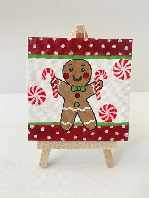 Gingerbread Paintings On Canvas, Mini Canvas Christmas Paintings, Mini Christmas Canvas, Canvas Painting Cute, Doodle Paint, Painting Cute, Mini Easel, Mesa Az, Christmas Paintings