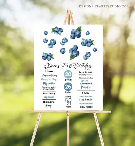 Blueberry First Birthday Party, Blueberry First Birthday, Farm Animals Invitations, Berry Birthday, First Birthday Girl, Berry First Birthday, Digital Sign, First Birthday Themes, Strawberry Blueberry