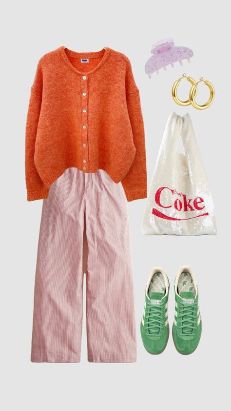 Color Matching Outfits Ideas, Pastel Wardrobe Aesthetic, Multi Color Cardigan Outfit, Pink Orange Green Outfit, Pink And Orange Outfit Aesthetic, Summer Dopamine Dressing, Pastel Work Outfit, Colorful Clothing Aesthetic, Colorful Fall Fashion