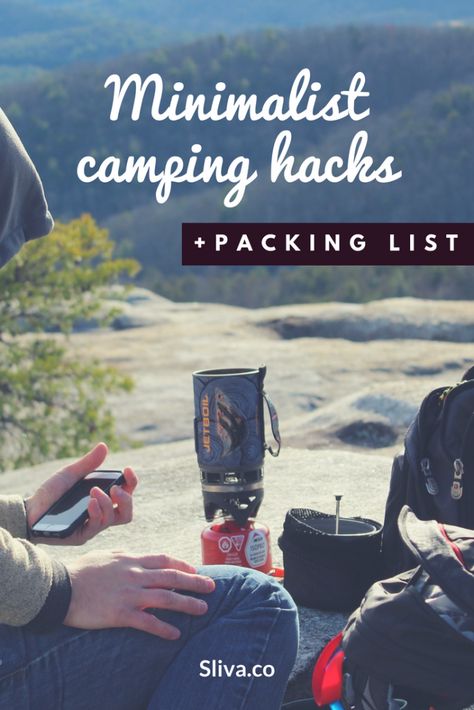 Minimalist camping hacks & packing list Minimalist Camping Gear, Minimalist Camping, Camping Sleeping Pad, Tent Camping Hacks, Camping Safety, Camping Hacks Diy, Family Tent Camping, Camping List, Packing Lists