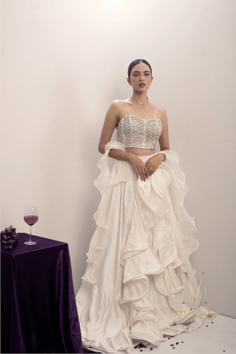 Pairing a heavy embellished White Top with a Jaw-Dropping Sculptured Skirt and a Two-Layered Ruffle Shawl. Embroidered Top, White Top, White Tops, Shawl, Skirt, White