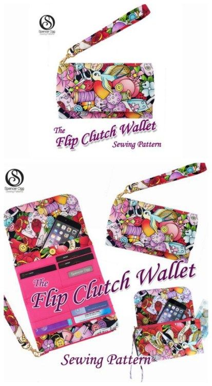 Here's a pattern for you to create a beautiful spacious ladies wallet and phone case, The Flip Clutch Wallet. Brilliantly designed, this purse is the perfect accessory for carrying all your essentials: coins, cards, notes. It even has a handy compartment for your phone. A functional and firm wallet with a convenient wrist strap option. Clutch Sewing, Clutch Bag Pattern, Wallet Sewing Pattern, Sew Wallet, Crochet Phone Cases, Crochet Mobile, Fun Wallets, Ladies Wallet, Diy Wallet