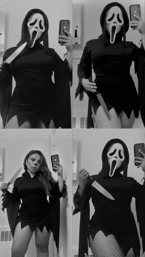 Scream Costume Woman Diy, Ghostface Diy Costume, Plus Size Scream Costume, Ghost Costume Ideas For Women, Diy Ghostface Costume, Ghost Face Makeup Look, Halloween Ghost Costume Women, Scream Woman Costume, Female Ghostface Costume Idea