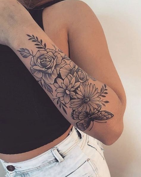 Tatuagem flor no braço #tattooideas #tattooforwomen Flower Sleeve Tattoo Forearm, Flowers Arm Sleeve Tattoo, Flower Tattoo Arm Birth Month Half Sleeves, Half Sleeve Flowers For Women, Sleeve Tattoos For Women Butterflies And Flowers, Lower Arm Flower Sleeve, Tattoo Forearm Sleeve Woman, Patch Work Arm Sleeve Tattoo Women, Birth Flower Tattoos Sleeve