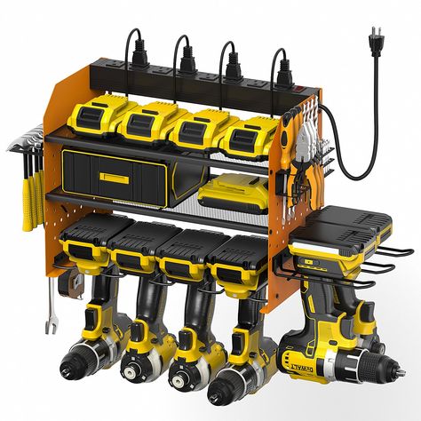 PRICES MAY VARY. Power tool organizer with charging station.It incorporates a heavy-duty charging strip on top that allows you to be able to plug in and hold battery chargers for various tools. The power strip has 8 receptacles and a long cord (6.5 feet) to reach your nearest outle.The 8 outlet power strip means you can have everything in one spot, near one outlet without wire cord all over the place Garage organizers and storage. Power tool organizer has lots of room to hang power tools and com Organize Power Tools, Dewalt Tool Storage, Battery Charger Station, Tool Shelf, Battery Charging Station, Power Tool Organizer, Power Tool Storage, Tool Holders, Drill Bit Holder