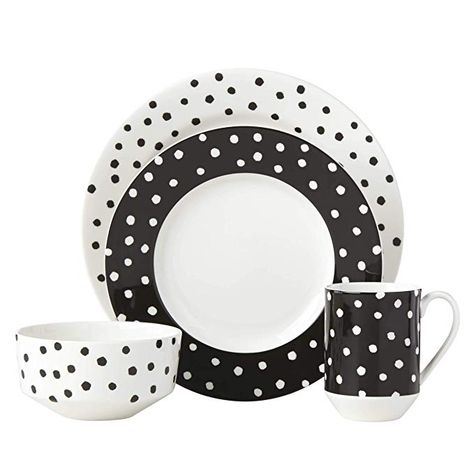 Polka Dot Dishes, Unique Table Settings, Monochrome Color, Polka Dot Design, Place Setting, Kitchen Essentials, Place Settings, Fine China, White Porcelain