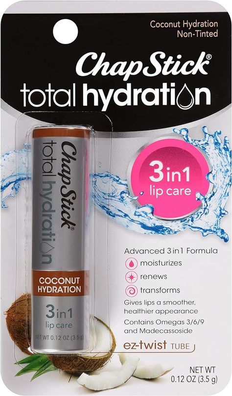 One 0.12-ounce ChapStick Total Hydration Coconut Lip Balm Tube, Lip Care Flavored ChapStick that contains unique ingredients like madecassoside and botanical oils rich in omegas 3, 6 and 9 to moisturize, renew and transform lips Non-tinted moisturizing ChapStick with a tropical coconut flavor Provides advanced formulas with unique ingredients for skincare for lips. Sponsored. Flavored Chapstick, Chapstick Total Hydration, Coconut Oil For Lips, Essential Oil Lip Balm, Coconut Lip Balm, Vaseline Lip Therapy, Natural Lip Colors, Lip Balm Tubes, Hydrating Lip Balm