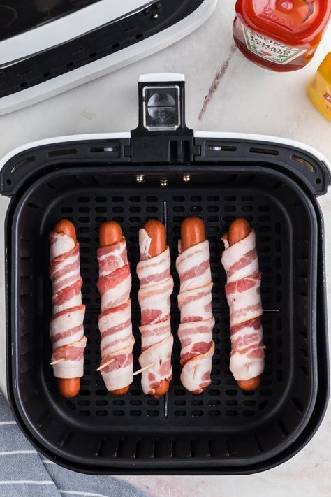 Air Fryer Bacon Wrapped Hot Dogs | Air Frying Foodie Bacon Wrapped Kielbasa, Air Fry Bacon, Bacon Hot Dogs, Fried Hot Dogs, Bacon Wrapped Hotdogs, Air Fryer Bacon, Wrapped Hot Dogs, Bacon Roll, Chili Cheese Dogs