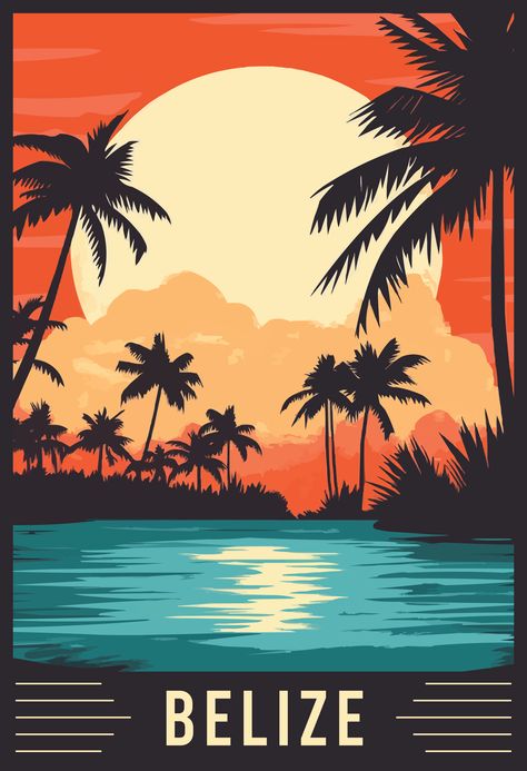 Explore the stunning beauty of Belize with this vintage travel art. Immerse yourself in the crystal-clear waters, lush jungles, and vibrant marine life of this Caribbean gem. Let this artwork inspire your next adventure to the serene beaches and rich culture of Belize. 🏝️🇧🇿 #Belize #VintageTravelArt #CaribbeanTravel #TropicalGetaway Vintage Ocean Aesthetic, Travel Signs, Beach Sublimation, Belize Travel, Caribbean Travel, Tropical Getaways, Travel Design, Crystal Clear Water, Tropical Paradise