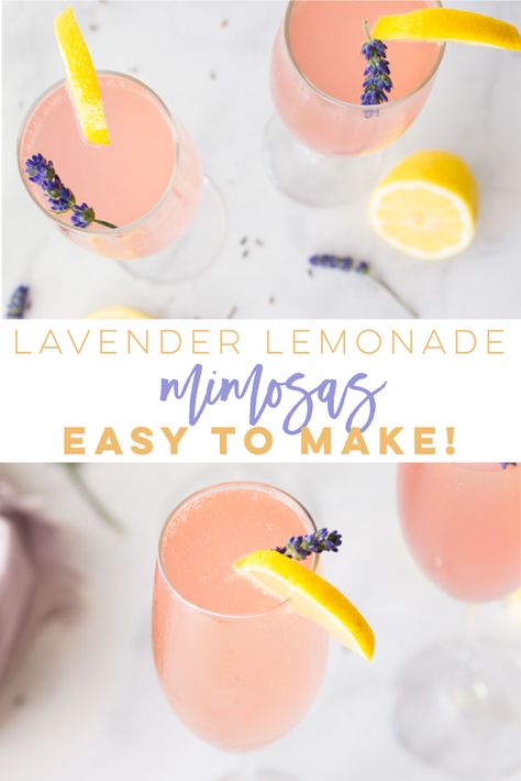 Lavender Lemonade Mimosas -- This mimosa recipe is so EASY to make and perfect for Summer brunch! Champagne, lemonade and a homemade lavender simple syrup are all it takes to make this alcoholic beverage. #mimosas #mimosarecipe #summermimosa | Mindful Avocado Lavender Mimosa Recipe, Summer Mimosa Recipe, Lavender Sangria, Lemonade Mimosa, Lavender Mimosa, Mimosa Flight, Summer Brunch Recipes, Brunch Champagne, Grapefruit Mimosa