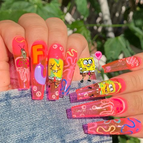 Cute Spongebob Nails, Sponge Bob Nail Art, Sponge Bob Nails, Nails Spongebob, Spongebob Nails Acrylic, Spongebob Nails Designs, Spongebob Short Nails, Nail Art Designs Spongebob, Spongebob Gel Nails