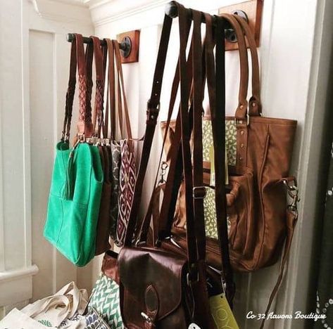 Organizing Purses In Closet, Retail Clothing Racks, Hanging Purses, Purse Display, Display Retail, Clothing Racks, Retail Fixtures, No Closet Solutions, Purse Storage