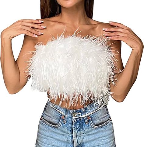 Fluffy Top, Feather Crop Top, Strapless Tank Top, Feather Vest, Trendy Summer Fits, Party Crop Tops, Boho Bandeau, Bandeau Tops, Tank Top Women