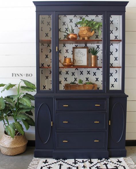 Coastal Blue China Cabinet | General Finishes Design Center Blue China Cabinet, China Cabinets And Hutches, China Cabinet Redo, Painted China Cabinets, Redo Cabinets, Hutch Makeover, China Furniture, Cabinet Makeover, Furniture Rehab