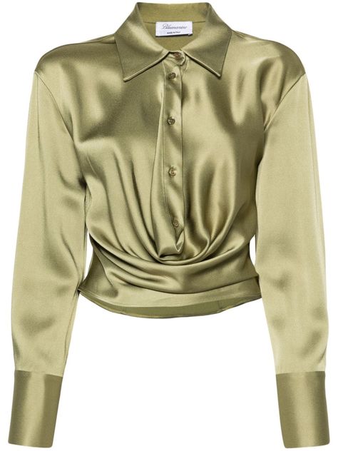 light olive green satin finish draped design straight-point collar front button fastening concealed side zip fastening internal waist strap long sleeves buttoned cuffs straight hem Satin Blouse Outfit, Bad And Boujee Outfits, Green Silk Shirt, Top Designs For Women, Olive Green Blouse, Light Olive Green, Green Long Sleeve Top, Elegant Outfit Classy, Business Casual Outfits For Work