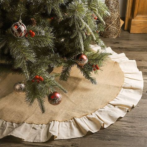 rustic burlap tree skirt Burlap Tree Skirt, Burlap Trees, Burlap Christmas Stockings, Plaid Christmas Tree Skirt, Xmas Tree Skirts, Holiday Tree Decorations, Cottage Christmas, Burlap Christmas, Rustic Christmas Tree