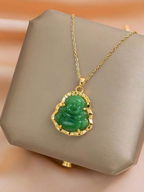 Green  Collar  Titanium Steel   Embellished   Women Fashion Jewelry Buddha Pendant Necklace, Jade Buddha, Necklace Luxury, Buddha Pendant, Green Gifts, Green Jade, Moon Pendant, Stainless Steel Rings, Jade Green